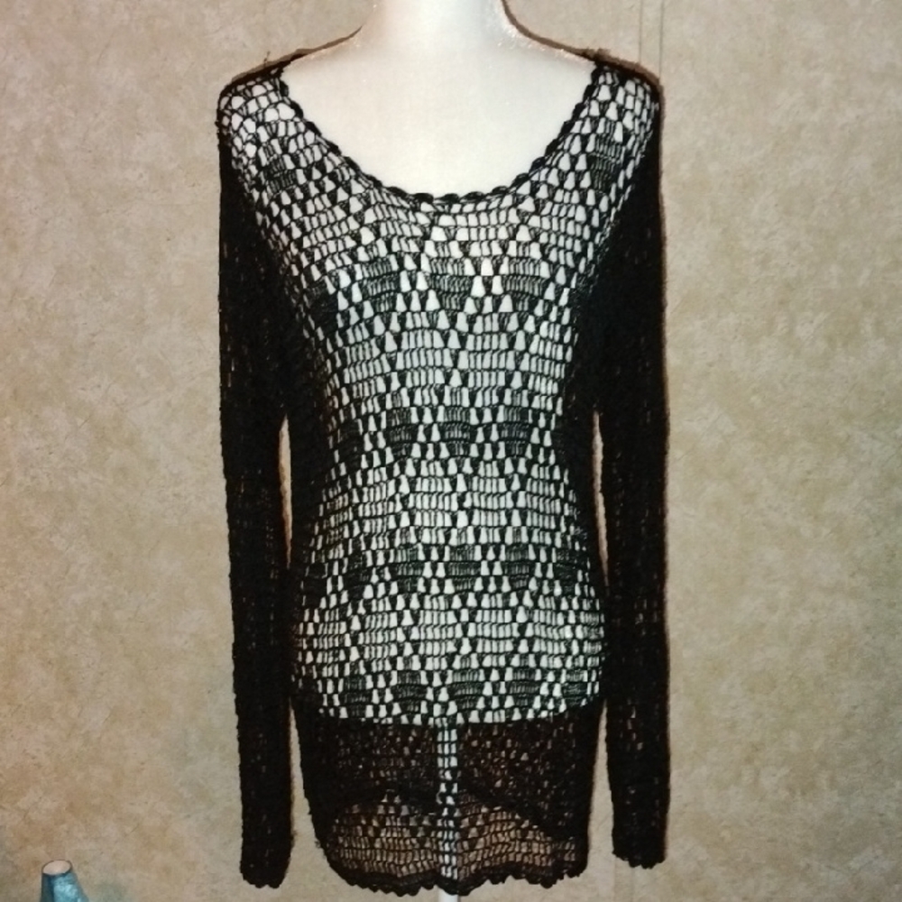 Women's Black Crochet Long Sleeve Top/ Swim Suit Cover